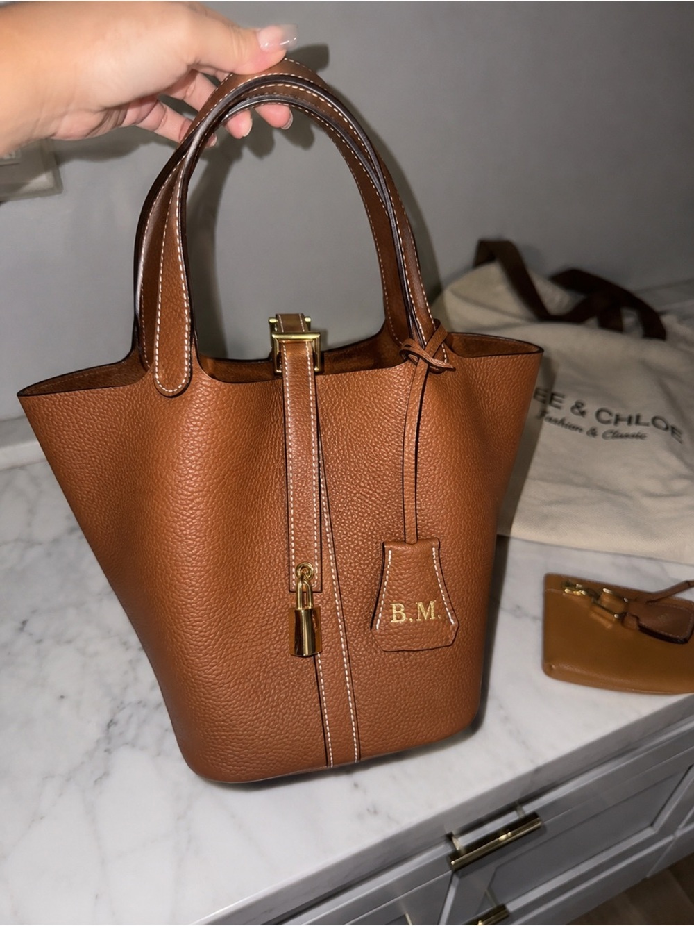 Custom Monogram Genuine Leather Lock Bag / brown / the urban luxe New